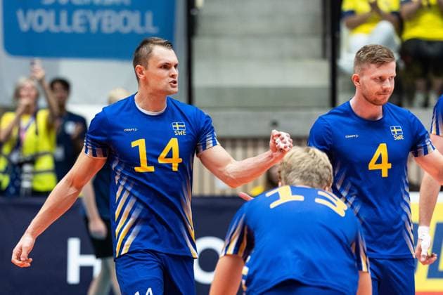 250809 Jacob Link of Sweden celebrates during Eurovolley Qualifier match between Sweden and Spain on August 9, 2025 in Habo Photo Robert Boman BILDBYRAN kod XZ XZ0216 volleyball volleyball landslaget sverige spanien national team bbeng em kval em kval herrlandslaget jubel  Copyright: ROBERTxBOMAN BB250809BB574