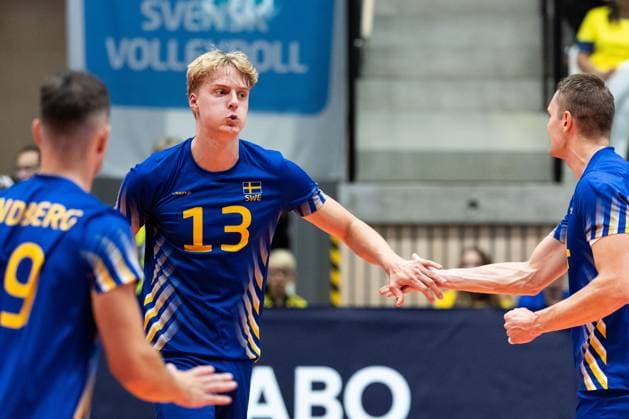 250809 Axel Enlund of Sweden celebrates during Eurovolley Qualifier match between Sweden and Spain on August 9, 2025 in Habo Photo Robert Boman BILDBYRAN kod XZ XZ0216 volleyball volleyball landslaget sverige spanien national team bbeng em kval em kval herrlandslaget jubel  Copyright: ROBERTxBOMAN BB250809BB575