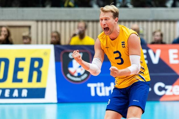 250809 Joel Andersson of Sweden celebrates during Eurovolley Qualifier match between Sweden and Spain on August 9, 2025 in Habo Photo Robert Boman BILDBYRAN kod XZ XZ0216 volleyball volleyball landslaget sverige spanien national team bbeng em kval em kval herrlandslaget jubel  Copyright: ROBERTxBOMAN BB250809BB576