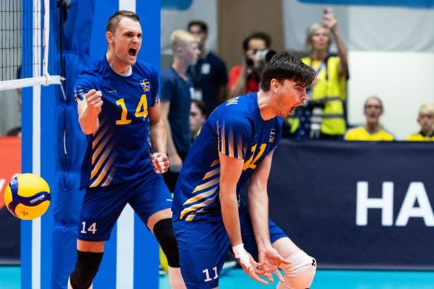250809 Patrik Johansson of Sweden celebrates during Eurovolley Qualifier match between Sweden and Spain on August 9, 2025 in Habo Photo Robert Boman BILDBYRAN kod XZ XZ0216 volleyball volleyball landslaget sverige spanien national team bbeng em kval em kval herrlandslaget jubel  Copyright: ROBERTxBOMAN BB250809BB577