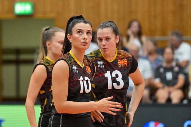 VOLLEYBALL - CEV EURO Quali, AUT vs MKD HARTBERG,AUSTRIA,09.AUG.25 - VOLLEYBALL - CEV Women s European Volleyball Championship 2026, qualification, OEVV international match, Länderspiel, Nationalmannschaft Austria vs North Macedonia. Image shows Tamara Stojanova, Erjona Jonuzi and Ana Pavloska (MKD).  GEPAxpictures xAvnixRetkoceri