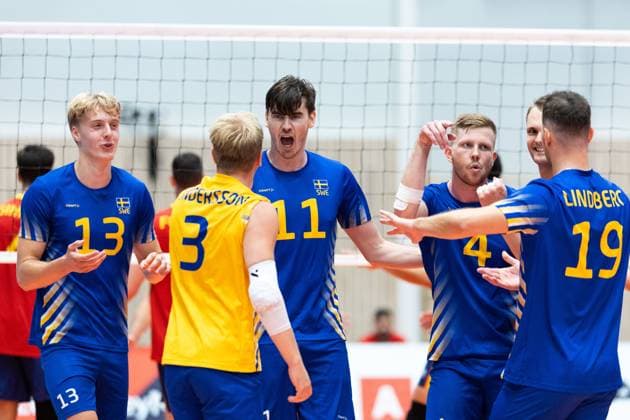 250809 Axel Enlund, Patrik Johansson, Alfred Brink and Viktor Lindberg of Sweden celebrate during Eurovolley Qualifier match between Sweden and Spain on August 9, 2025 in Habo Photo Robert Boman BILDBYRAN kod XZ XZ0216 volleyball volleyball landslaget sverige spanien national team bbeng em kval em kval herrlandslaget jubel  Copyright: ROBERTxBOMAN BB250809BB643