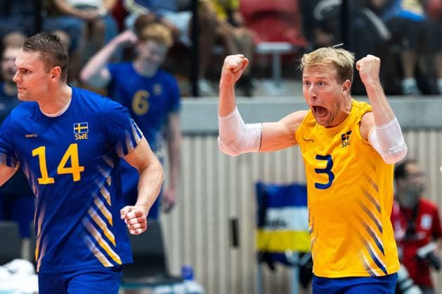 250809 Joel Andersson of Sweden celebrates during Eurovolley Qualifier match between Sweden and Spain on August 9, 2025 in Habo Photo Robert Boman BILDBYRAN kod XZ XZ0216 volleyball volleyball landslaget sverige spanien national team bbeng em kval em kval herrlandslaget jubel  Copyright: ROBERTxBOMAN BB250809BB644