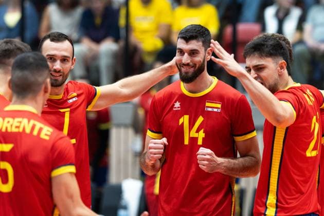 250809 Miguel Angel Fornes of Spain celebrates during Eurovolley Qualifier match between Sweden and Spain on August 9, 2025 in Habo Photo Robert Boman BILDBYRAN kod XZ XZ0216 volleyball volleyball landslaget sverige spanien national team bbeng em kval em kval herrlandslaget jubel  Copyright: ROBERTxBOMAN BB250809BB648