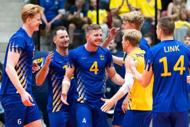 250809 Alfred Brink of Sweden celebrates during Eurovolley Qualifier match between Sweden and Spain on August 9, 2025 in Habo Photo Robert Boman BILDBYRAN kod XZ XZ0216 volleyball volleyball landslaget sverige spanien national team bbeng em kval em kval herrlandslaget jubel  Copyright: ROBERTxBOMAN BB250809BB652