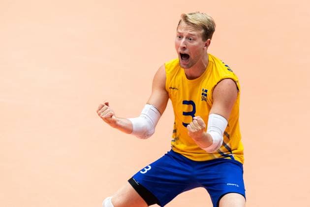 250809 Joel Andersson of Sweden celebrates during Eurovolley Qualifier match between Sweden and Spain on August 9, 2025 in Habo Photo Robert Boman BILDBYRAN kod XZ XZ0216 volleyball volleyball landslaget sverige spanien national team bbeng em kval em kval herrlandslaget jubel  Copyright: ROBERTxBOMAN BB250809BB687