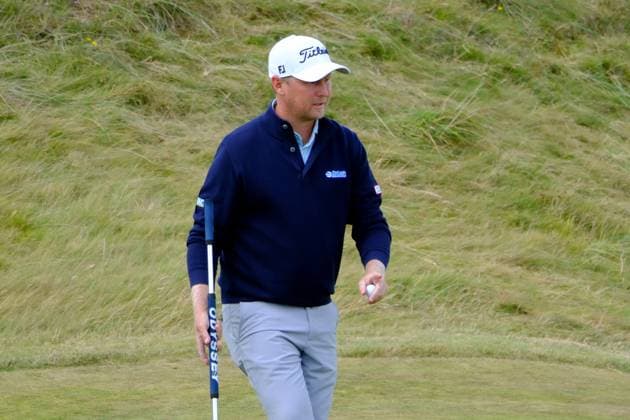 UK: Nexo Championship, Old Course at Trump International Golf Links, Aberdeen, Scotland on 09 August 2025: Pictured: Justin Harding (South Africa) on the 9th green during the third round of the Nexo Championship 2025 at Trump International Golf Links, Aberdeenshire, Scotland Aberdeen Trump International Golf Links Scotland Copyright: xAlexxToddx