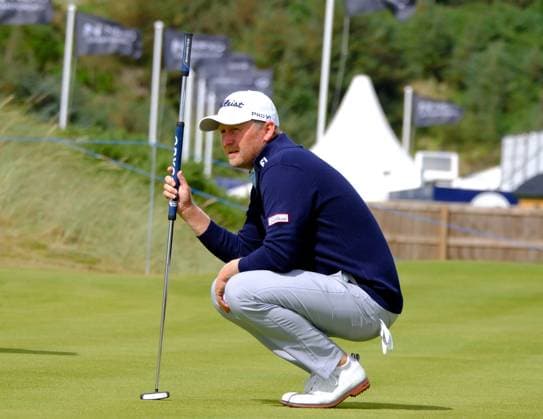 UK: Nexo Championship, Old Course at Trump International Golf Links, Aberdeen, Scotland on 09 August 2025: Pictured: Justin Harding (South Africa) on the 9th green during the third round of the Nexo Championship 2025 at Trump International Golf Links, Aberdeenshire, Scotland Aberdeen Trump International Golf Links Scotland Copyright: xAlexxToddx