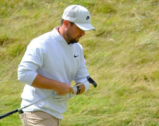 UK: Nexo Championship, Old Course at Trump International Golf Links, Aberdeen, Scotland on 09 August 2025: Pictured: Alex Fitzpatrick (England) on the 9th green during the third round of the Nexo Championship 2025 at Trump International Golf Links, Aberdeenshire, Scotland Aberdeen Trump International Golf Links Scotland Copyright: xAlexxToddx