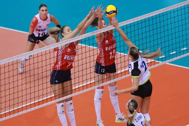 Croatia v Kosovo: CEV EuroVolley 2026 Qualifiers Mirta Freund, Josipa Markovic of Croatia and Bleona Kadriu of Kosovo during the CEV EuroVolley 2026 Qualification Phase group G Leg 4 match between Croatia and Kosovo at Gradski vrt Hall in Osijek, Croatia, on August 9, 2025.  DavorxJavorovic PIXSELL