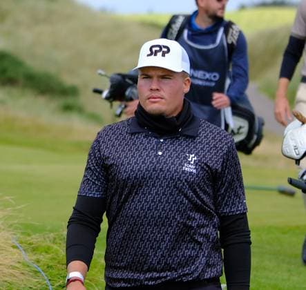 UK: Nexo Championship, Old Course at Trump International Golf Links, Aberdeen, Scotland on 09 August 2025: Pictured: Tadeas Tetak (Slovakia) during the third round of the Nexo Championship 2025 at Trump International Golf Links, Aberdeenshire, Scotland Aberdeen Trump International Golf Links Scotland Copyright: xAlexxToddx