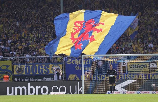 Eintracht flag in the Suedkurve Football, Men, Season 2025 2026 2 BL, Eintracht Stadion, Eintracht Braunschweig vs Spielvereinigung Greuther Fuerth 3 2 DFL REGULATIONS PROHIBIT ANY USE OF PHOTOGRAPHS AS IMAGE SEQUENCES AND OR QUASI VIDEO