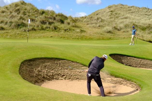 UK: Nexo Championship, Old Course at Trump International Golf Links, Aberdeen, Scotland on 09 August 2025: Pictured: Tadeas Tetak (Slovakia) hits out of a bunker on the 16th green during the third round of the Nexo Championship 2025 at Trump International Golf Links, Aberdeenshire, Scotland Aberdeen Trump International Golf Links Scotland Copyright: xAlexxToddx