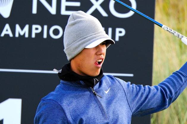 UK: Nexo Championship, Old Course at Trump International Golf Links, Aberdeen, Scotland on 09 August 2025: Pictured: Ding Wenyi (China) on the 17th tee during the third round of the Nexo Championship 2025 at Trump International Golf Links, Aberdeenshire, Scotland Aberdeen Trump International Golf Links Scotland Copyright: xAlexxToddx