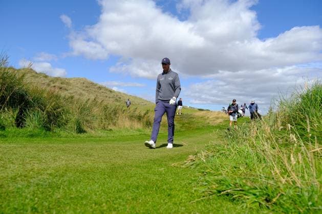 UK: Nexo Championship, Old Course at Trump International Golf Links, Aberdeen, Scotland on 09 August 2025: Pictured: Nicolas Colsaerts (Belgium) walks to the 17th tee during the third round of the Nexo Championship 2025 at Trump International Golf Links, Aberdeenshire, Scotland Aberdeen Trump International Golf Links Scotland Copyright: xAlexxToddx