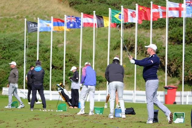 UK: Nexo Championship, Old Course at Trump International Golf Links, Aberdeen, Scotland on 09 August 2025: Pictured: Players on the driving range during the third round of the Nexo Championship 2025 at Trump International Golf Links, Aberdeenshire, Scotland Aberdeen Trump International Golf Links Scotland Copyright: xAlexxToddx