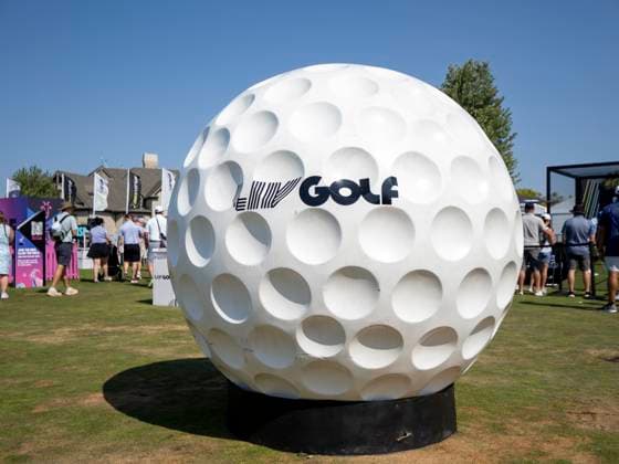 BOLINGBROOK, IL - AUGUST 09: The LIV GOLF logo is pictured on a large golfball during day two of LIV Golf Chicago on Saturday, August 09, 2025 at Bolingbrook Golf Club in Bolingbrook, IL. (Photo by Joseph Weiser Icon Sportswire) GOLF: AUG 09 LIV Golf Chicago EDITORIAL USE ONLY Icon250809041