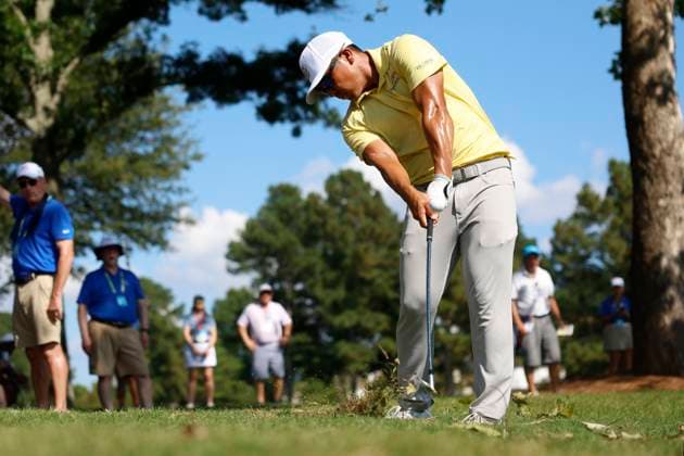 MEMPHIS, TN - AUGUST 09: Kurt Kitayama of the United States hits from the rough on No. 17 during the third round of the FedEx St. Jude Championship, August 9, 2025, at TPC Southward in Memphis, Tennessee. (Photo by Matthew Maxey Icon Sportswire) GOLF: AUG 09 PGA, Golf Herren FedEx Cup Playoffs - FedEx St. Jude Championship EDITORIAL USE ONLY Icon250809076