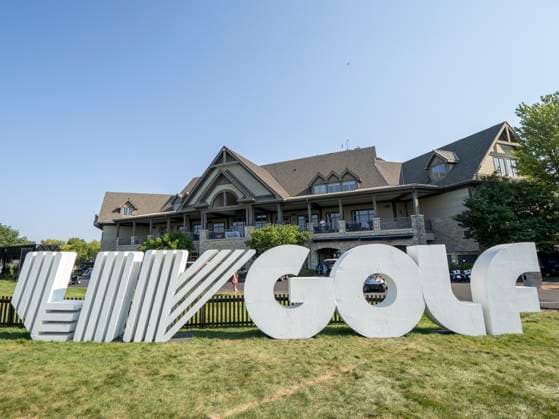 BOLINGBROOK, IL - AUGUST 09: The LIV GOLF logo is pictured in front of the Bolingbrook Golf Club clubhouse before day two of LIV Golf Chicago on Saturday, August 09, 2025 at Bolingbrook Golf Club in Bolingbrook, IL. (Photo by Joseph Weiser Icon Sportswire) GOLF: AUG 09 LIV Golf Chicago EDITORIAL USE ONLY Icon250809001