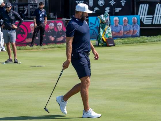 BOLINGBROOK, IL - AUGUST 09: Dustin Johnson walks across the putting green during day two of LIV Golf Chicago on Saturday, August 09, 2025 at Bolingbrook Golf Club in Bolingbrook, IL. (Photo by Joseph Weiser Icon Sportswire) GOLF: AUG 09 LIV Golf Chicago EDITORIAL USE ONLY Icon250809004