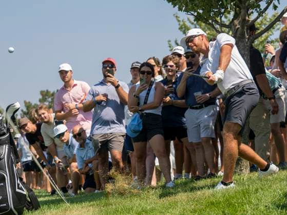 BOLINGBROOK, IL - AUGUST 09: Andy Ogletree chips out out of the rough on the second fairway during day two of LIV Golf Chicago on Saturday, August 09, 2025 at Bolingbrook Golf Club in Bolingbrook, IL. (Photo by Joseph Weiser Icon Sportswire) GOLF: AUG 09 LIV Golf Chicago EDITORIAL USE ONLY Icon250809011