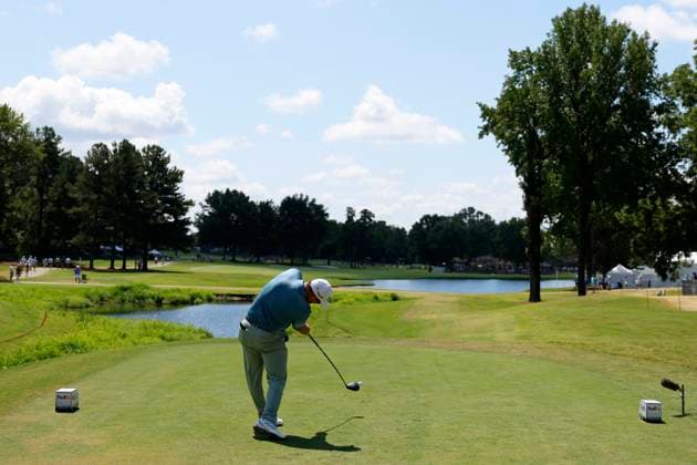 MEMPHIS, TN - AUGUST 09: Ryan Fox of New Zealand hits his tee shot on No. 12 during the third round of the FedEx St. Jude Championship, August 9, 2025, at TPC Southward in Memphis, Tennessee. (Photo by Matthew Maxey Icon Sportswire) GOLF: AUG 09 PGA, Golf Herren FedEx Cup Playoffs - FedEx St. Jude Championship EDITORIAL USE ONLY Icon250809023