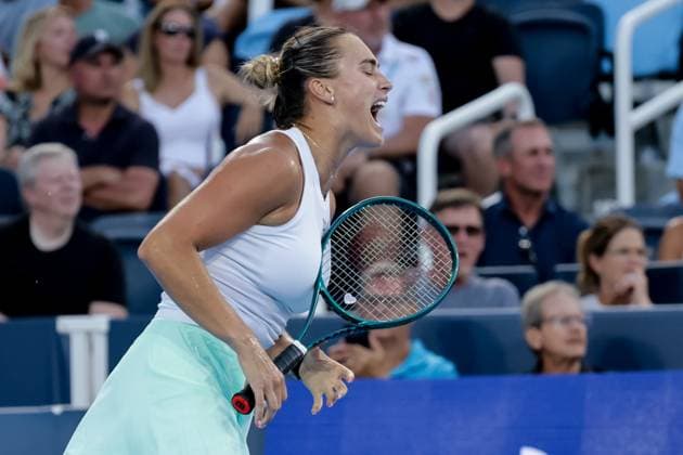 August 9, 2025, Mason, Ohio, U.S: Aryna Sabalenka (BLR) reacts to winning the first set during SaturdayÃ¢â‚¬â ¢s second round of the Cincinnati Open at the Lindner Family Tennis Center, Mason, Oh. Mason U.S - ZUMAs304 20250809_zaf_s304_040 Copyright: xScottxStuartx