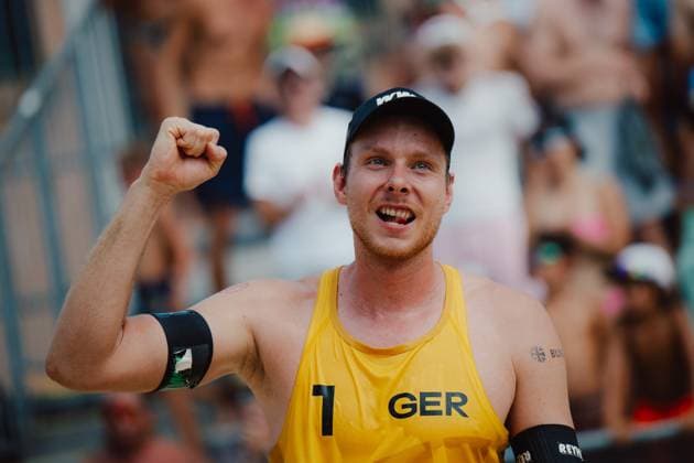 Beach volleyball, Beachvolleyball - Baden Challenge BADEN,AUSTRIA,10.AUG.25 - BEACH VOLLEYBALL - FIVB World Tour - Baden Challenge. Image shows the rejoicing of Nils Ehlers (GER).  GEPAxpictures xAlexanderxSolc