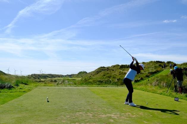 UK: Nexo Championship, Old Course at Trump International Golf Links, Aberdeen, Scotland on 10 August 2025: Pictured: Kristoffer Reitan (Norway) on the 3rd tee during the final round of the Nexo Championship 2025 at Trump International Golf Links, Aberdeenshire, Scotland Aberdeen Trump International Golf Links Scotland Copyright: xAlexxToddx