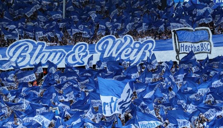 Choreography of the Hertha fans, Blue White Sport Soccer Football DFL 2 Bundesliga Men 2 Matchday Season 2025 2026 10 08 2025 Hertha BSC Berlin vs Karlsruher SC KSC DFL regulations prohibit any use of photographs as image sequences and or quasi video
