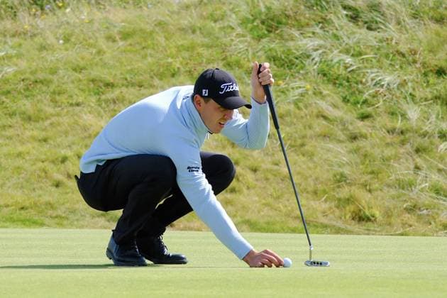 UK: Nexo Championship, Old Course at Trump International Golf Links, Aberdeen, Scotland on 10 August 2025: Pictured: Grant Forrest (Scotland) lines up a putt on the 2nd green during the final round of the Nexo Championship 2025 at Trump International Golf Links, Aberdeenshire, Scotland Aberdeen Trump International Golf Links Scotland Copyright: xAlexxToddx
