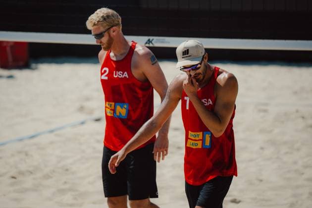 Beach volleyball, Beachvolleyball - Baden Challenge BADEN,AUSTRIA,10.AUG.25 - BEACH VOLLEYBALL - FIVB World Tour - Baden Challenge. Image shows Chase Budinger (USA) and Miles Evans (USA).  GEPAxpictures xAlexanderxSolc