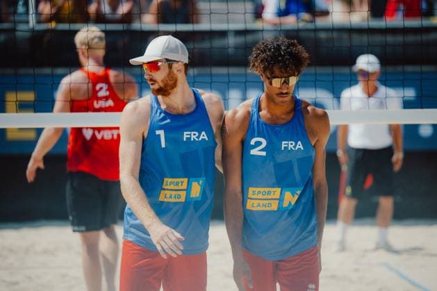Beach volleyball, Beachvolleyball - Baden Challenge BADEN,AUSTRIA,10.AUG.25 - BEACH VOLLEYBALL - FIVB World Tour - Baden Challenge. Image shows Remi Bassereau (FRA) an Calvin Aye (FRA).  GEPAxpictures xAlexanderxSolc