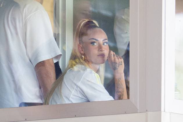 10 08 2025 Football, Women, 2025 2026, Season opener, Test match, Borussia Dortmund Juventus Turin Alisha Lehmann sits in an announcers booth Dortmund North Rhine-Westphalia Germany Signal Iduna Park