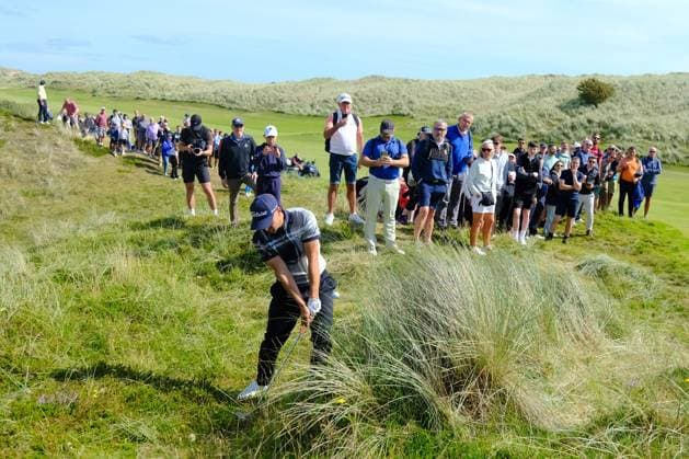 UK: Nexo Championship, Old Course at Trump International Golf Links, Aberdeen, Scotland on 10 August 2025: Pictured: Todd Clements (England) hits out of deep rough on the 1st green during the final round of the Nexo Championship 2025 at Trump International Golf Links, Aberdeenshire, Scotland Aberdeen Trump International Golf Links Scotland Copyright: xAlexxToddx