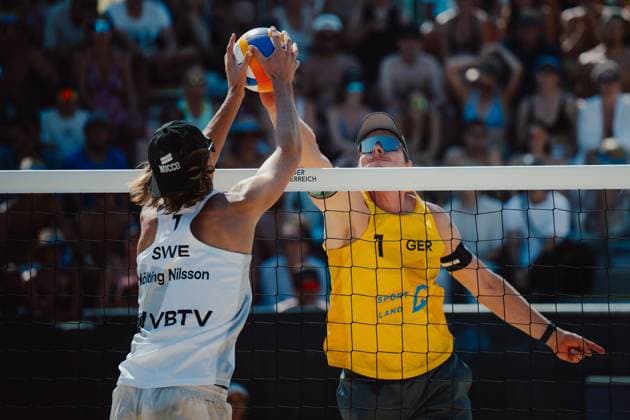 Beach volleyball, Beachvolleyball - Baden Challenge BADEN,AUSTRIA,10.AUG.25 - BEACH VOLLEYBALL - FIVB World Tour - Baden Challenge. Image shows Jacob Hoelting Nilsson (SWE) and Nils Ehlers (GER).  GEPAxpictures xAlexanderxSolc