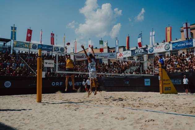 Beach volleyball, Beachvolleyball - Baden Challenge BADEN,AUSTRIA,10.AUG.25 - BEACH VOLLEYBALL - FIVB World Tour - Baden Challenge. Image shows an overview of the Center Court.  GEPAxpictures xAlexanderxSolc