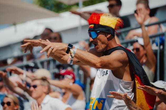 Beach volleyball, Beachvolleyball - Baden Challenge BADEN,AUSTRIA,10.AUG.25 - BEACH VOLLEYBALL - FIVB World Tour - Baden Challenge. Image shows a fan of Germany.  GEPAxpictures xAlexanderxSolc