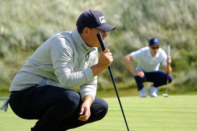 UK: Nexo Championship, Old Course at Trump International Golf Links, Aberdeen, Scotland on 10 August 2025: Pictured: Joe Dean (England) and Daan Huizing (Netherlands) on the 1st green during the final round of the Nexo Championship 2025 at Trump International Golf Links, Aberdeenshire, Scotland Aberdeen Trump International Golf Links Scotland Copyright: xAlexxToddx