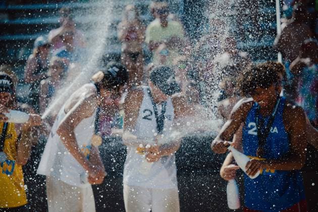 Beach volleyball, Beachvolleyball - Baden Challenge BADEN,AUSTRIA,10.AUG.25 - BEACH VOLLEYBALL - FIVB World Tour - Baden Challenge. Image shows the rejoicing of Jacob Hoelting Nilsson (SWE) and Elmer Andersson (SWE).  GEPAxpictures xAlexanderxSolc