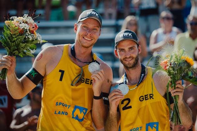 Beach volleyball, Beachvolleyball - Baden Challenge BADEN,AUSTRIA,10.AUG.25 - BEACH VOLLEYBALL - FIVB World Tour - Baden Challenge. Image shows the rejoicing of Nils Ehlers (GER) and Clemens Wickler (GER).  GEPAxpictures xAlexanderxSolc
