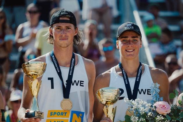 Beach volleyball, Beachvolleyball - Baden Challenge BADEN,AUSTRIA,10.AUG.25 - BEACH VOLLEYBALL - FIVB World Tour - Baden Challenge. Image shows the rejoicing of Jacob Hoelting Nilsson (SWE) and Elmer Andersson (SWE).  GEPAxpictures xAlexanderxSolc