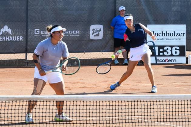 TENNIS - WTA, Tennis Damen Ladies Open Amstetten AMSTETTEN,AUSTRIA,10.AUG.25 - TENNIS - ITF World Tennis Tour, Ladies Open Amstetten. Image shows Shuo Feng (CHN) and En Shuo Liang (TPE).  GEPAxpictures xChristianxMoser