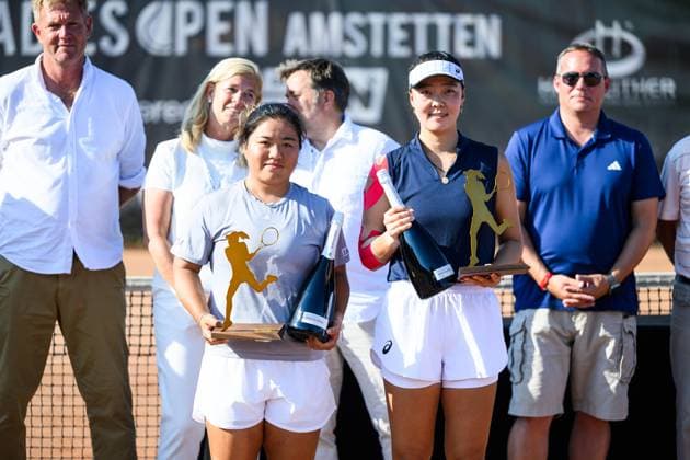 TENNIS - WTA, Tennis Damen Ladies Open Amstetten AMSTETTEN,AUSTRIA,10.AUG.25 - TENNIS - ITF World Tennis Tour, Ladies Open Amstetten. Image shows En Shuo Liang (TPE) and Shuo Feng (CHN).  GEPAxpictures xChristianxMoser