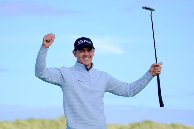 UK: Nexo Championship, Old Course at Trump International Golf Links, Aberdeen, Scotland on 10 August 2025: Pictured: Grant Forrest (Scotland) celebrates winning the Nexo Championship 2025 at Trump International Golf Links, Aberdeenshire, Scotland Aberdeen Trump International Golf Links Scotland Copyright: xAlexxToddx