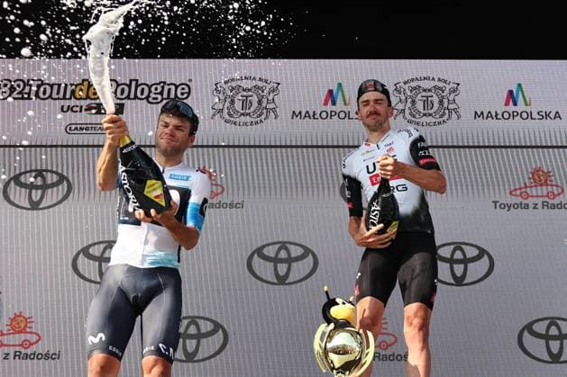 Tour de Pologne WIELICZKA, POLAND - AUGUST 10: Lorenzo Milesi and Brandon McNulty celebrate after the individual time trial, 7th stage of Tour de Pologne UCI World Tour cycling race in Wieliczka, Poland on August 10, 2025. Jakub Porzycki Anadolu Wieliczka Poland. Editorial use only. Please get in touch for any other usage.  Copyright: x2025xAnadoluxJakubxPorzyckix