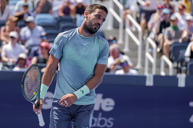 August 10, 2025, Mason, Ohio, U.S: Damir Dzumhur (BIH) reacts to a shot during SundayÃ¢â‚¬â ¢s second round of the Cincinnati Open at the Lindner Family Tennis Center, Mason, Oh. Mason U.S - ZUMAs304 20250810_zaf_s304_067 Copyright: xScottxStuartx