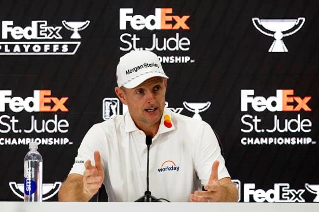 MEMPHIS, TN - AUGUST 10: Justin Rose of England speaks to the media following his win in the final round of the FedEx St. Jude Championship, August 10, 2025, at TPC Southwind in Memphis, Tennessee. (Photo by Matthew Maxey Icon Sportswire) GOLF: AUG 10 PGA, Golf Herren FedEx Cup Playoffs - FedEx St. Jude Championship EDITORIAL USE ONLY Icon250810047