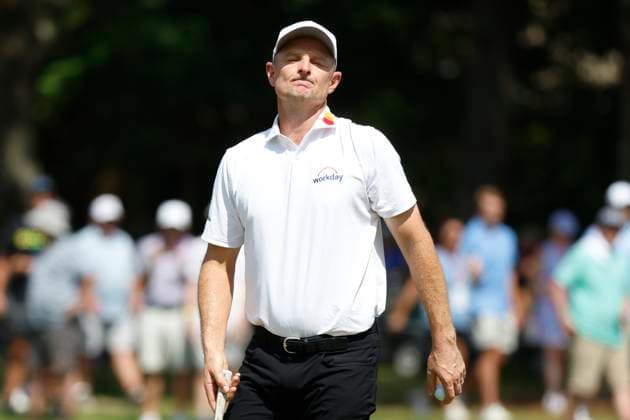 MEMPHIS, TN - AUGUST 10: Justin Rose of England reacts to a missed putt on No. 11 during the final round of the FedEx St. Jude Championship, August 10, 2025, at TPC Southwind in Memphis, Tennessee. (Photo by Matthew Maxey Icon Sportswire) GOLF: AUG 10 PGA, Golf Herren FedEx Cup Playoffs - FedEx St. Jude Championship EDITORIAL USE ONLY Icon250810040