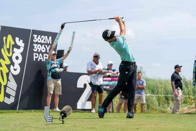 BOLINGBROOK, IL - AUGUST 10: Joaquin Niemann tees off from the second tee during the final round of LIV Golf Chicago on Sunday, August 10, 2025 at Bolingbrook Golf Club in Bolingbrook, IL (Photo by Ben Hsu Icon Sportswire) GOLF: AUG 10 LIV Golf Chicago EDITORIAL USE ONLY Icon224250810048
